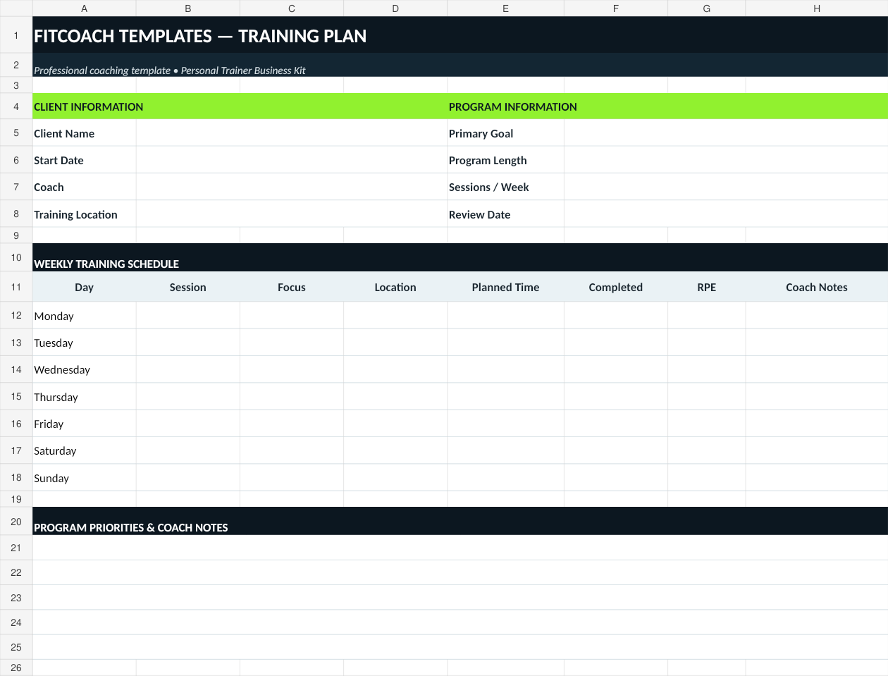 Actual Training Plan workbook preview