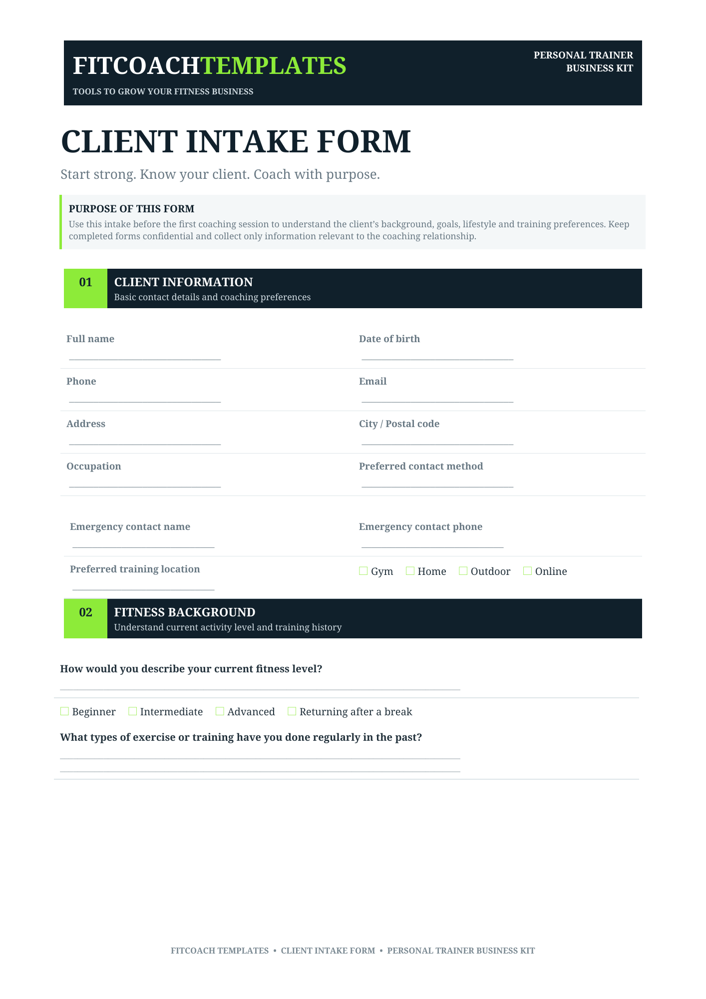 Client Intake Form actual template preview