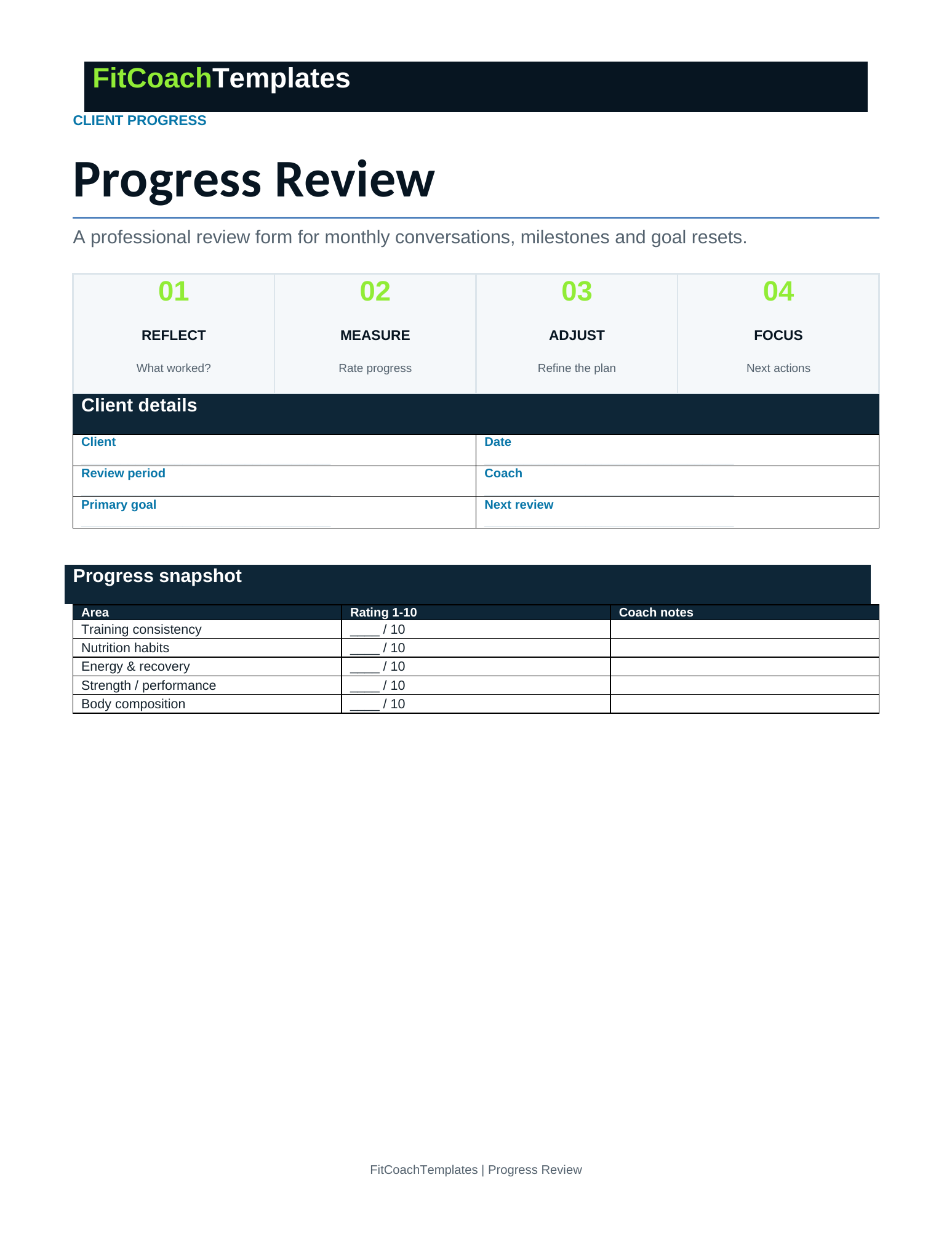 Progress Review actual template preview
